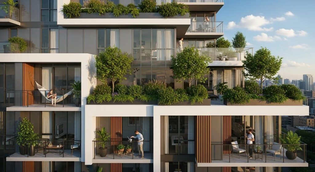 Modern Toronto condo exterior with greenery and people enjoying outdoor space
