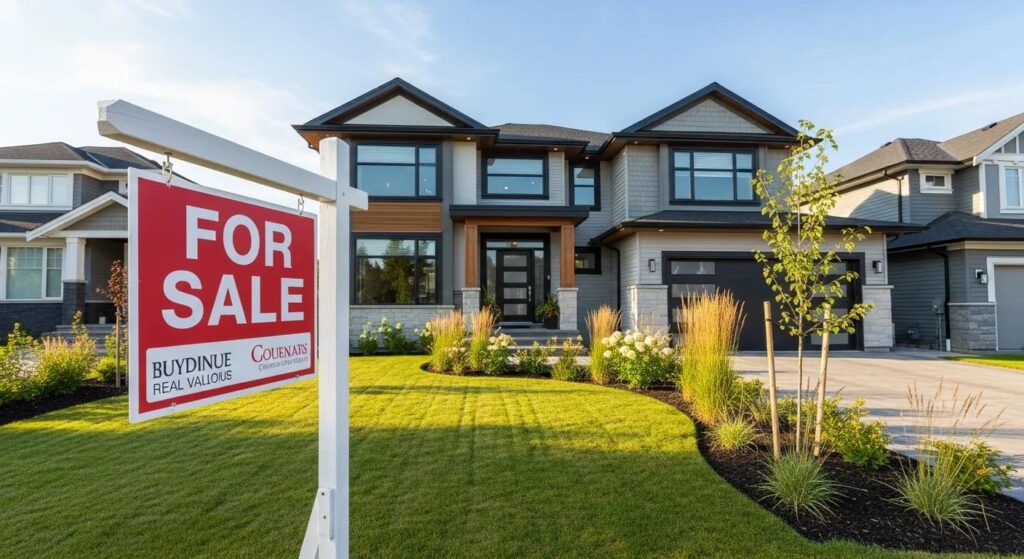 Modern Canadian home with a 'For Sale' sign, representing property valuation