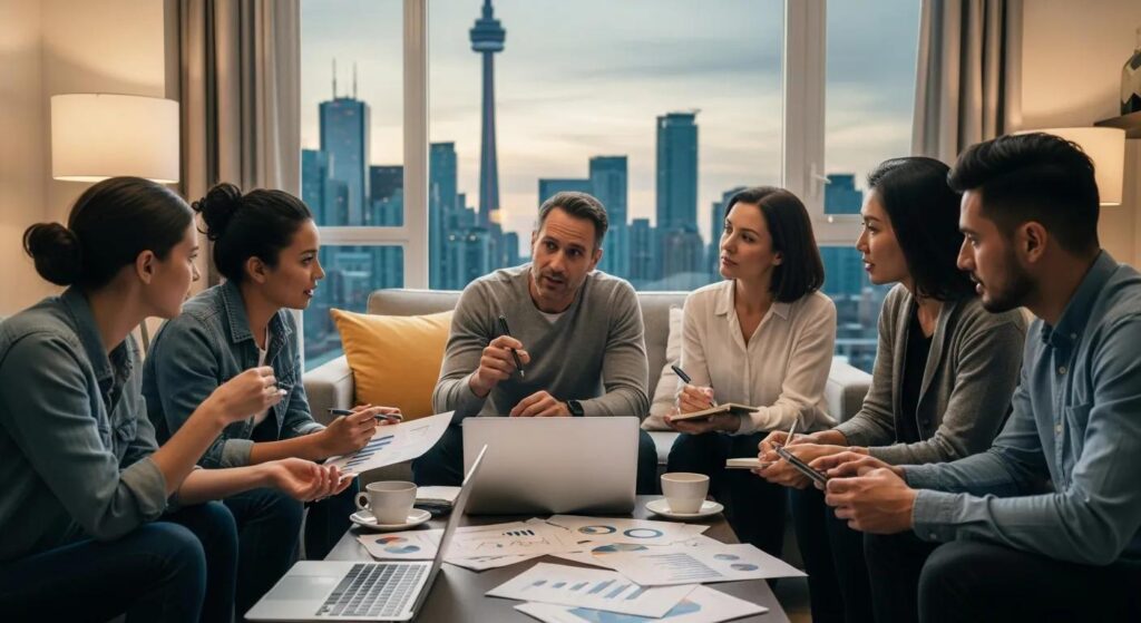 Diverse group discussing rental investing in a cozy Toronto apartment with skyline view