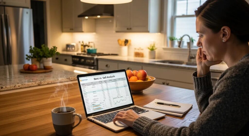 Homeowner analyzing rent vs sell options in a cozy kitchen setting