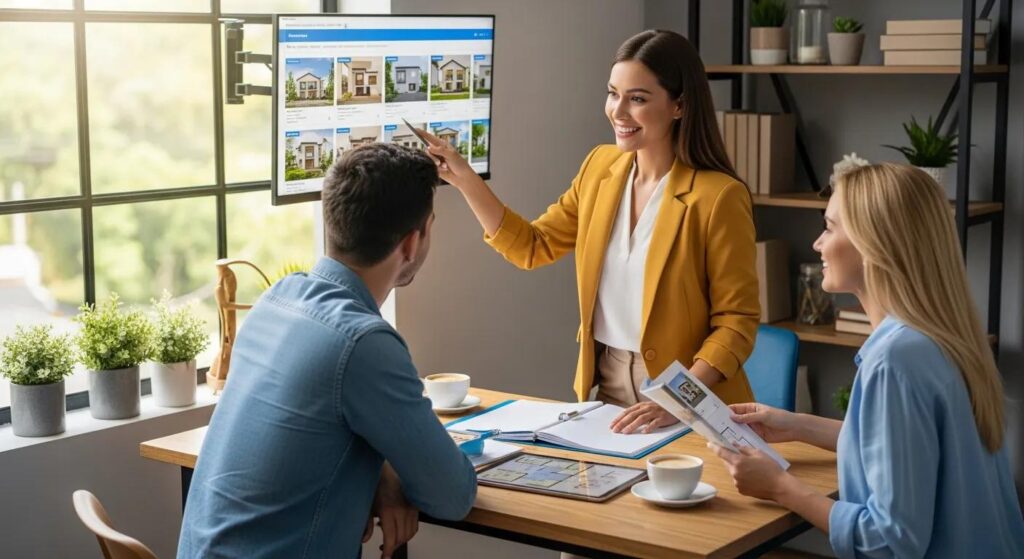 Friendly real estate agent assisting a home buyer in a cozy office, highlighting customer support