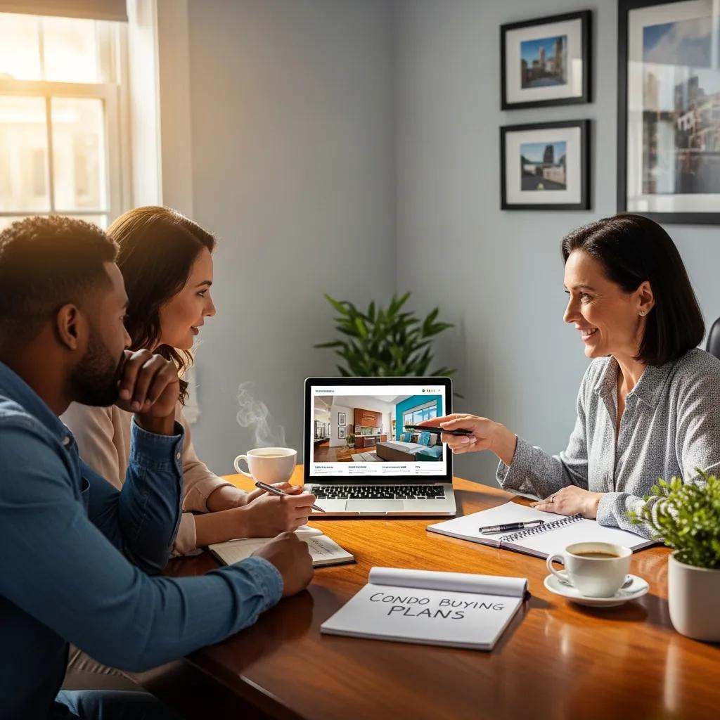 Couple consulting with real estate agent about condo buying process in an office