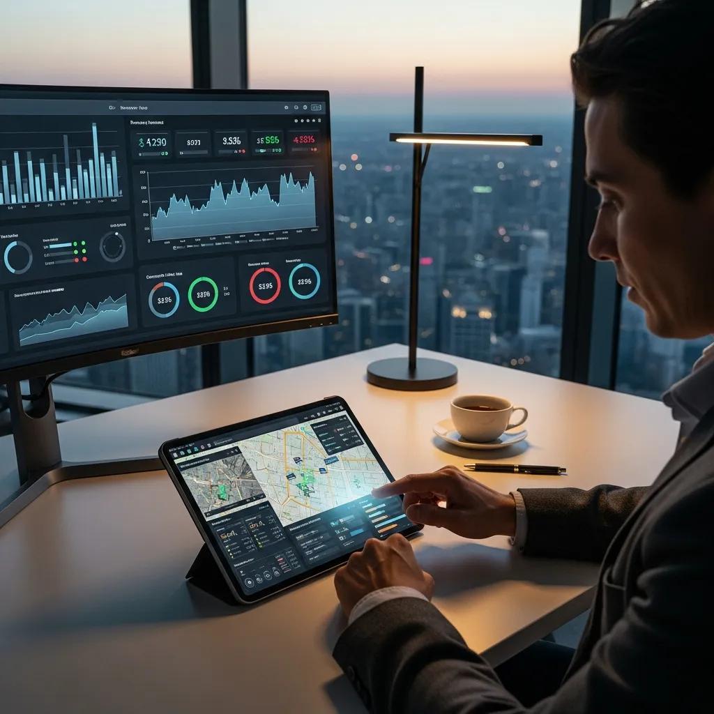 Person analyzing property data on a tablet in a modern office