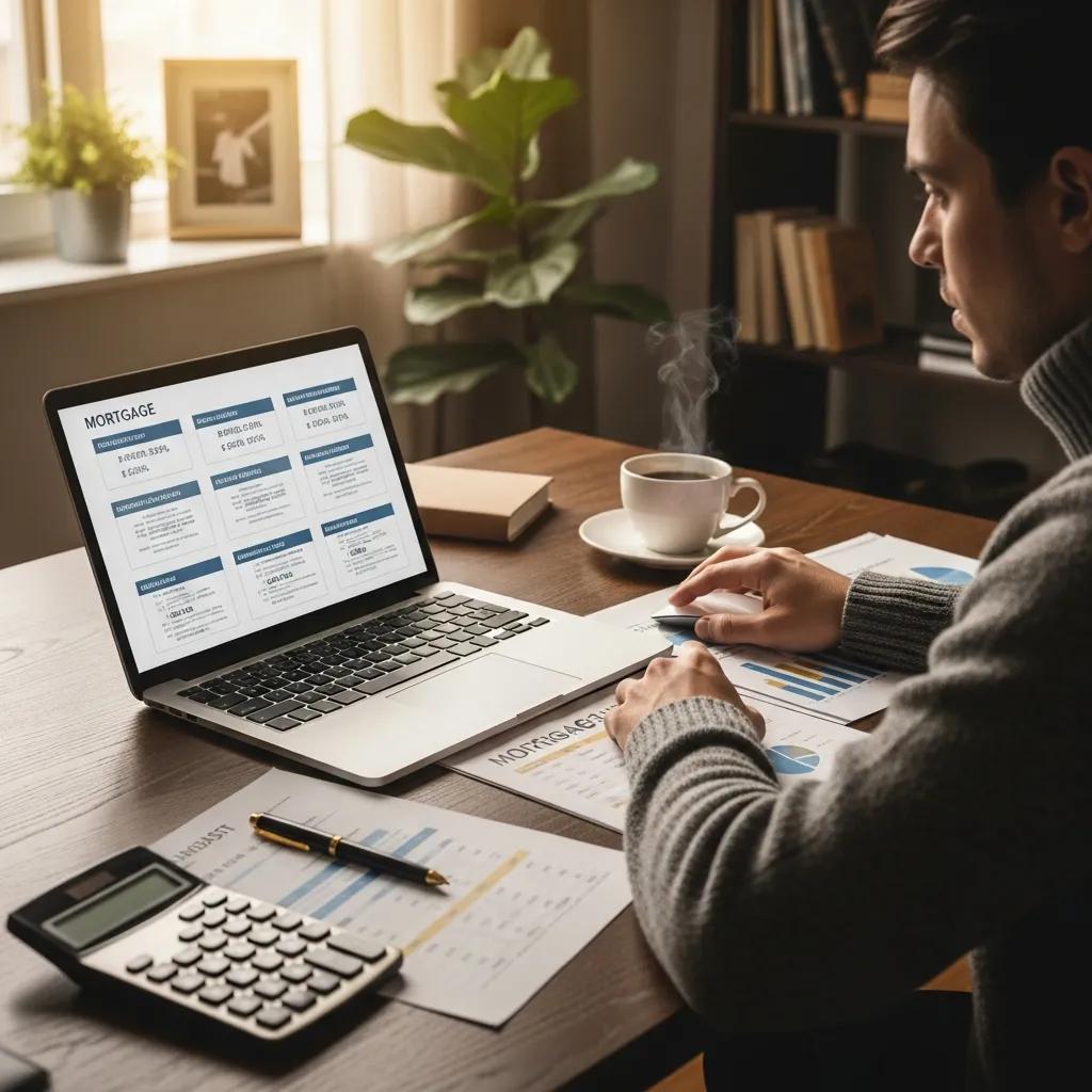 Person reviewing mortgage options for condo purchase in a home office