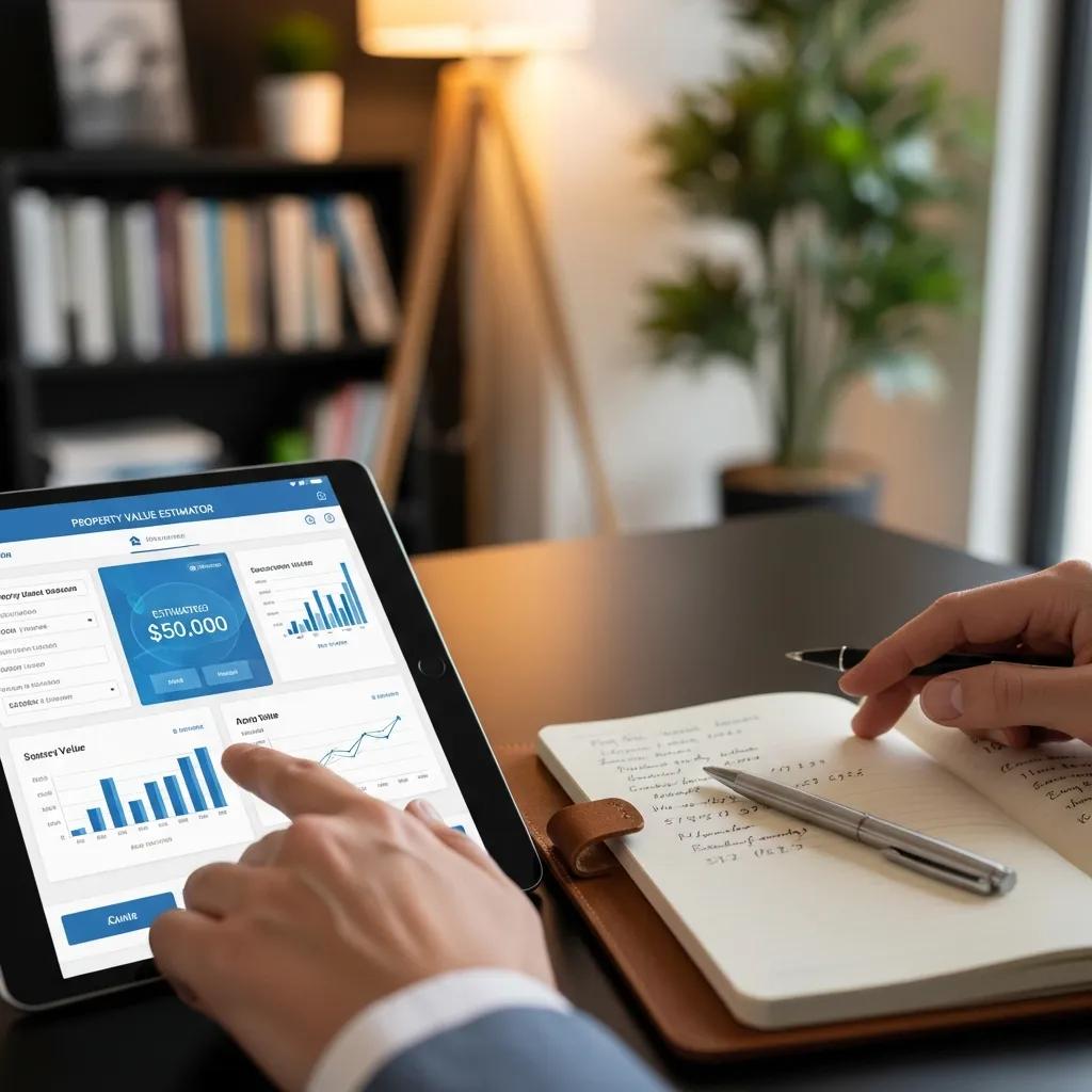 Person using a property value estimator on a tablet in a home office