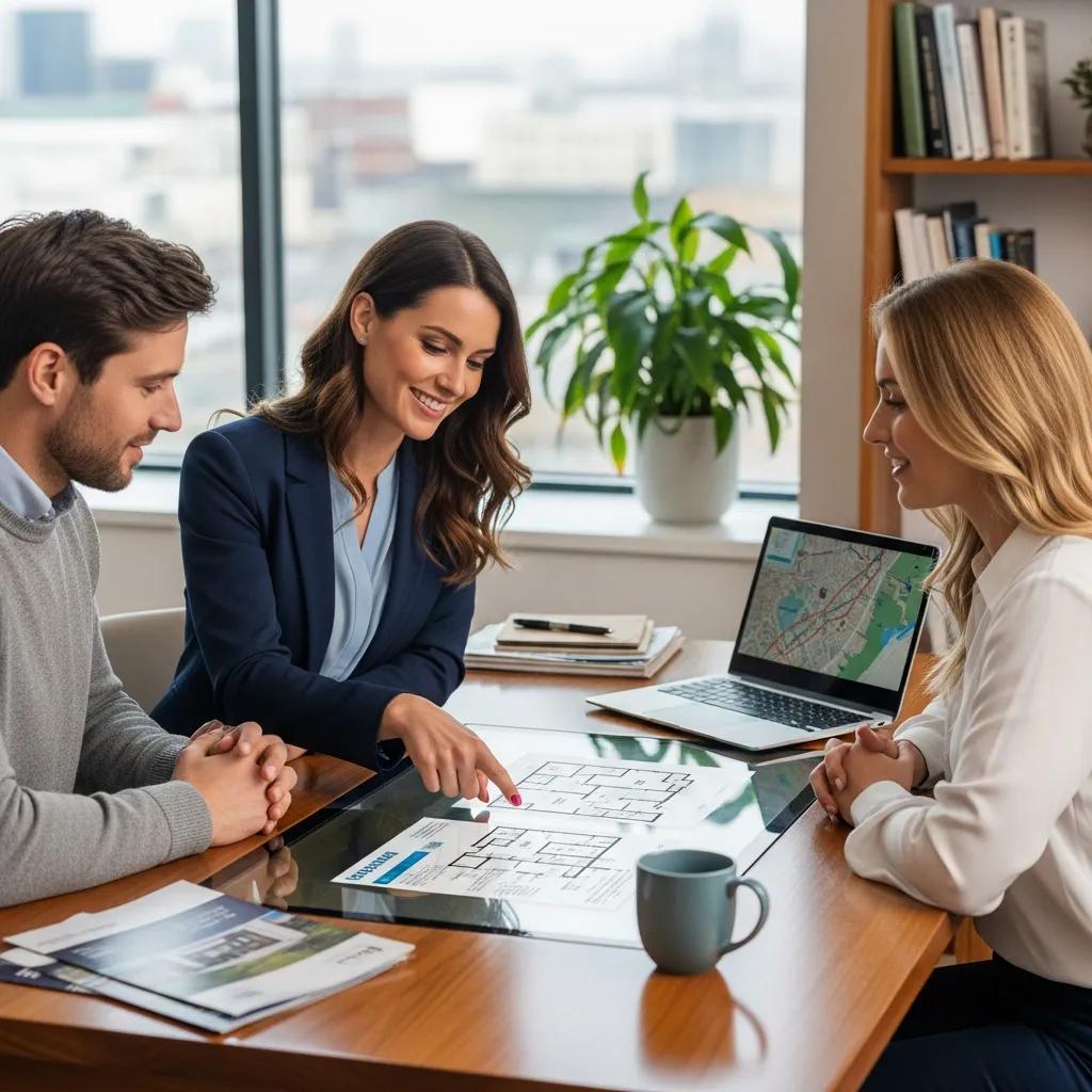 Real estate agent discussing property details with clients in a cozy office