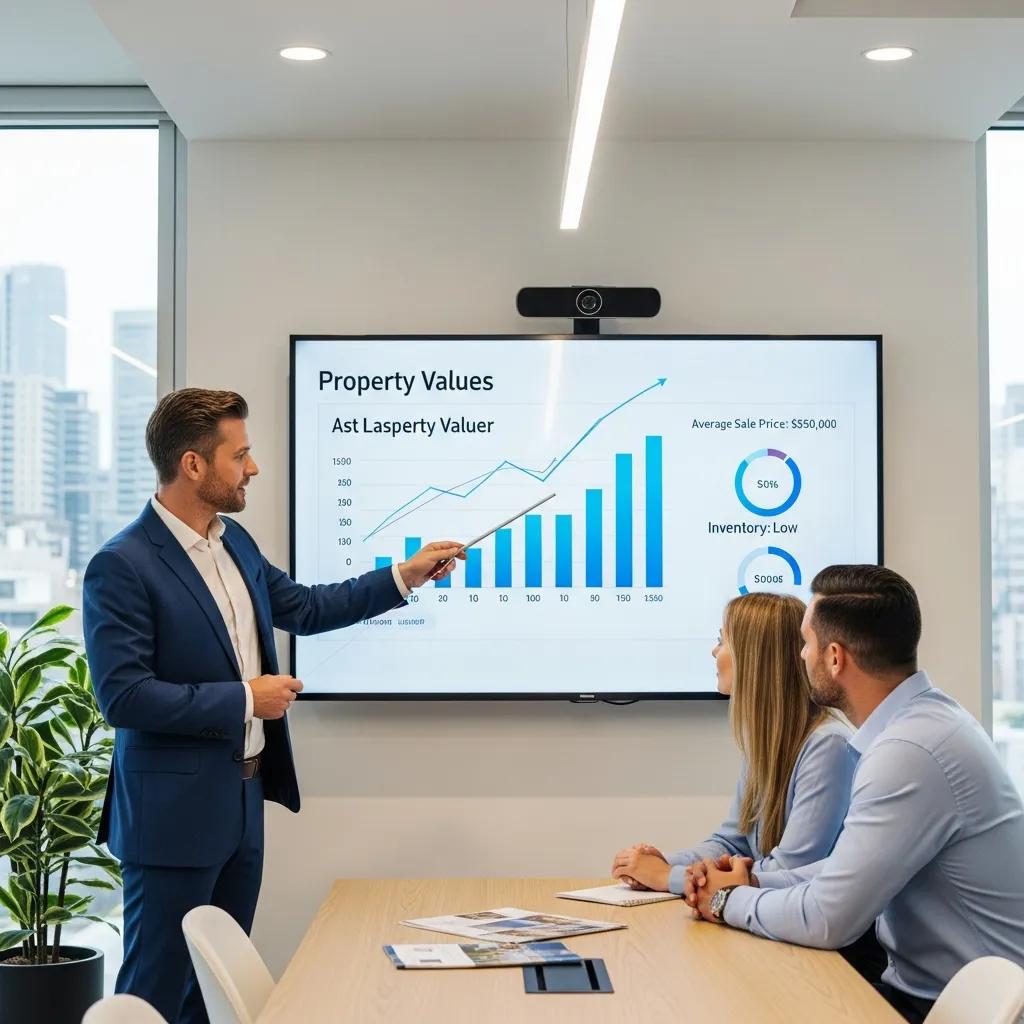 Real estate agent presenting market trends to clients in an office