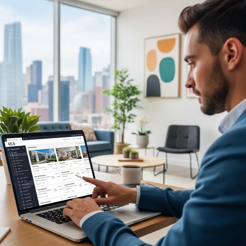 Real estate agent using a laptop to access MLS data in a modern office setting