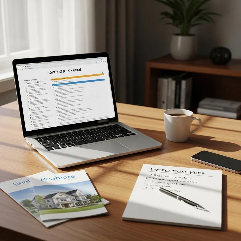 Checklist and laptop on a desk — preparing for a home inspection