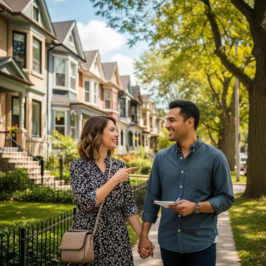 Young couple exploring a Toronto neighborhood, symbolizing the excitement of buying a first home