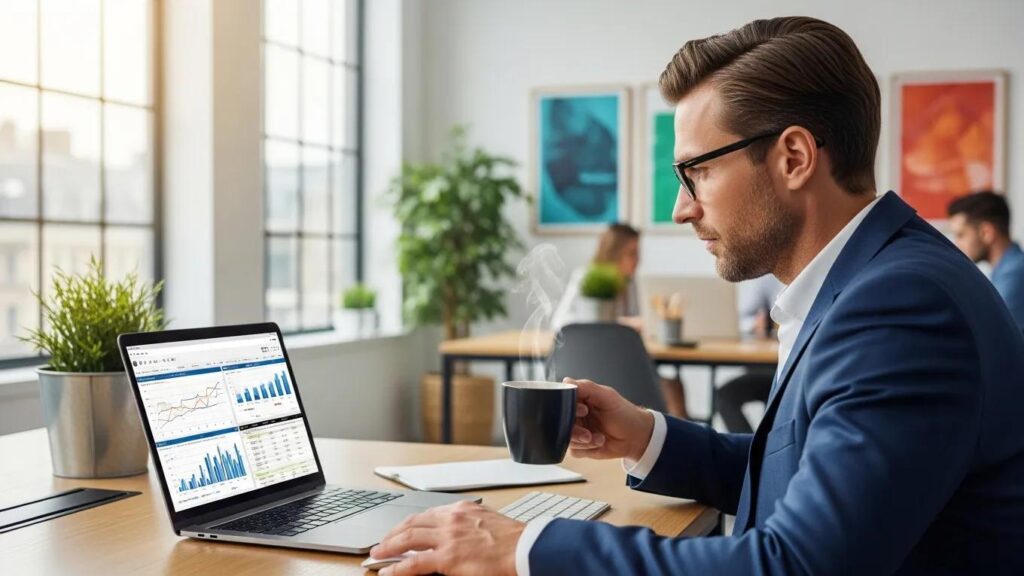 Business professional analyzing pricing strategies with a laptop and coffee in a modern office