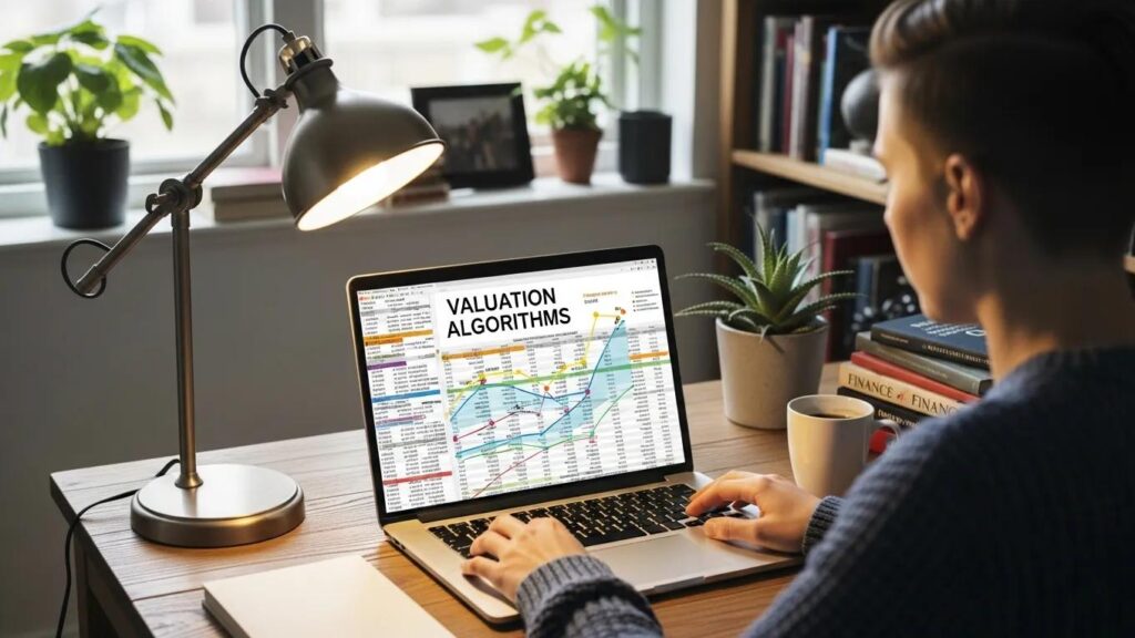 Cozy home workspace with a person analyzing financial data on a laptop, emphasizing valuation algorithms