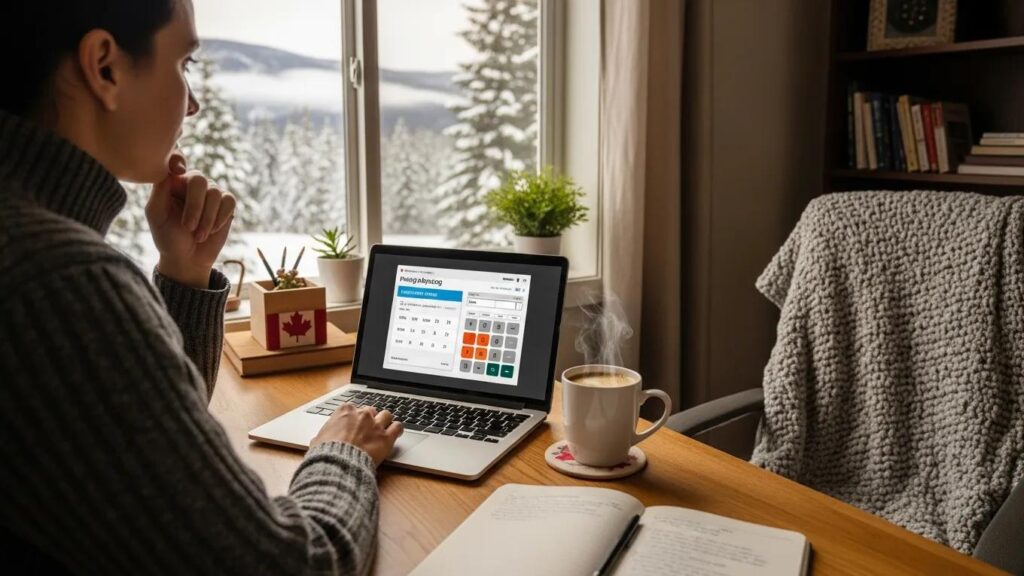Cozy home office scene with a Canadian seller considering pricing strategies