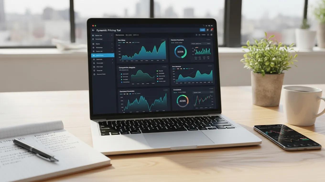 Dynamic pricing tool interface on a laptop in a modern workspace