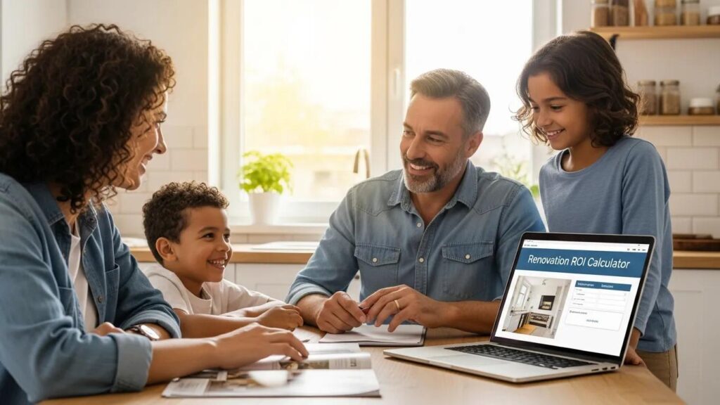 Family discussing home renovation plans in a bright kitchen with renovation brochures and a laptop