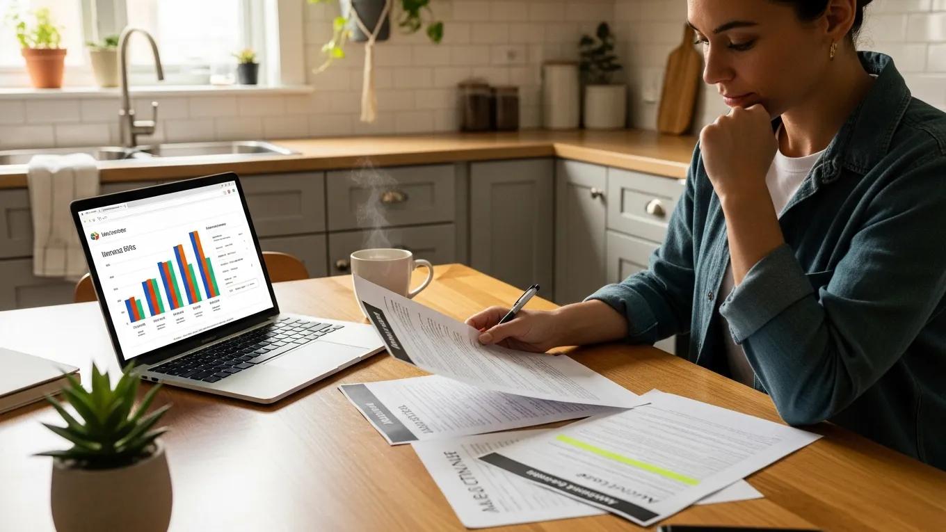 Homeowner reviewing mortgage documents in a warm kitchen setting